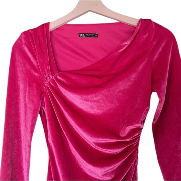 ZARA Pink Velvet Bodysuit Asymmetric Neck Long Sleeve Magenta Pink Size S - Picture 11 of 15